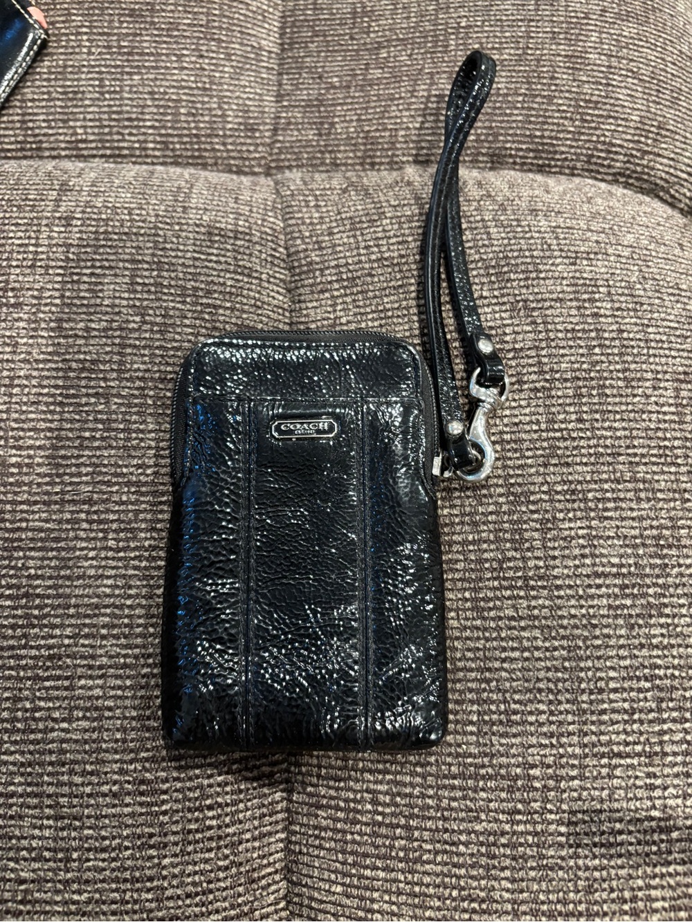 Coach Glossy Black Patent Leather Wristlet Phone Pouch with Strap